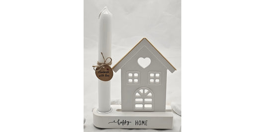 Geschenk Set "happy HOME", aus Raysin gegossen im Aufsteller mit Kerzenhalter.