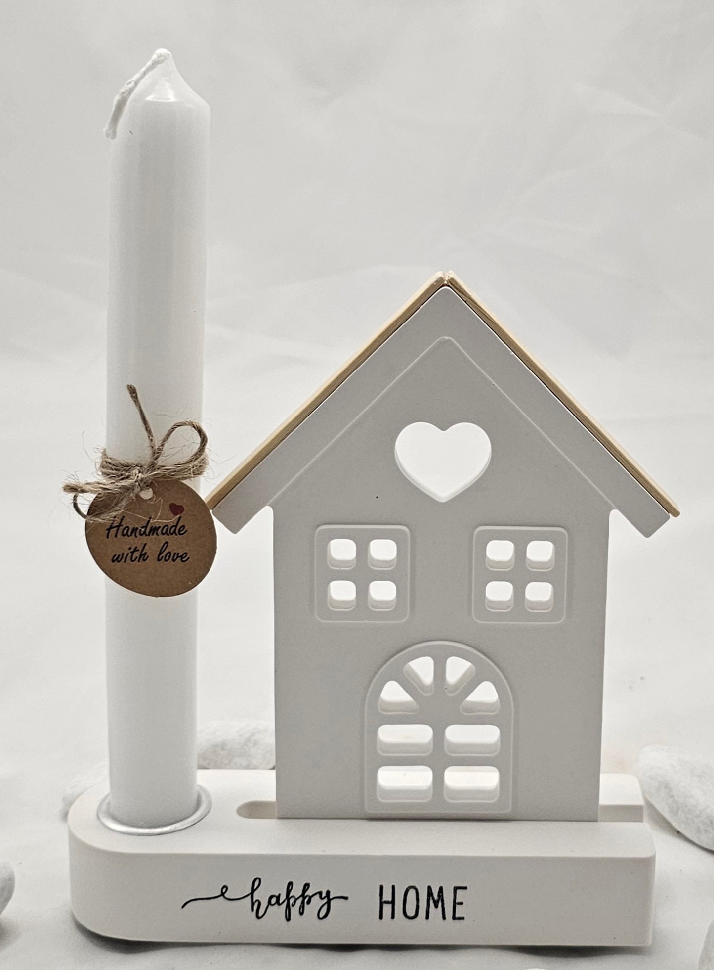 Geschenk Set "happy HOME", aus Raysin gegossen im Aufsteller mit Kerzenhalter.