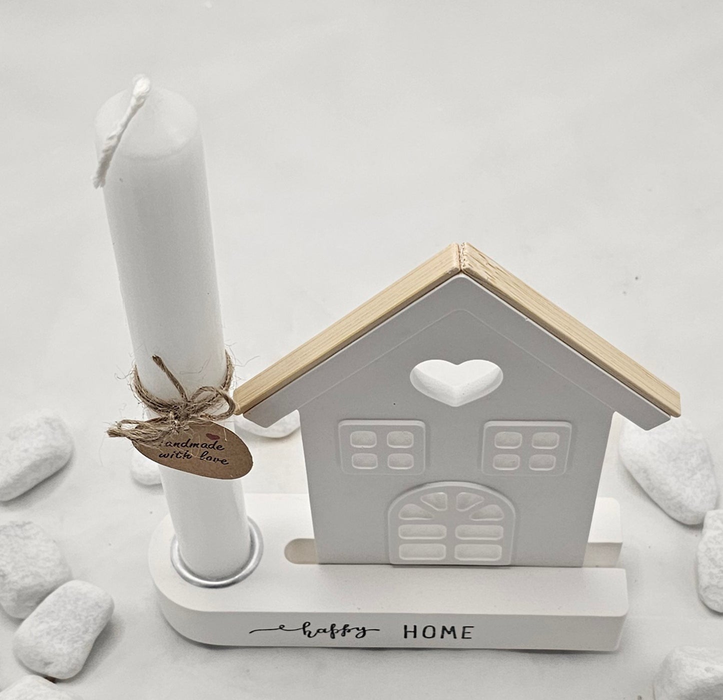 Geschenk Set "happy HOME", aus Raysin gegossen im Aufsteller mit Kerzenhalter.