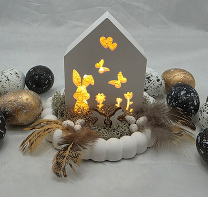 Geschenkset aus Raysin, Hasenhaus, Ei und Hase beleuchtet