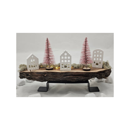 Lichthäuser / Dorf auf Holz mit Beleuchtung und Eisenständer