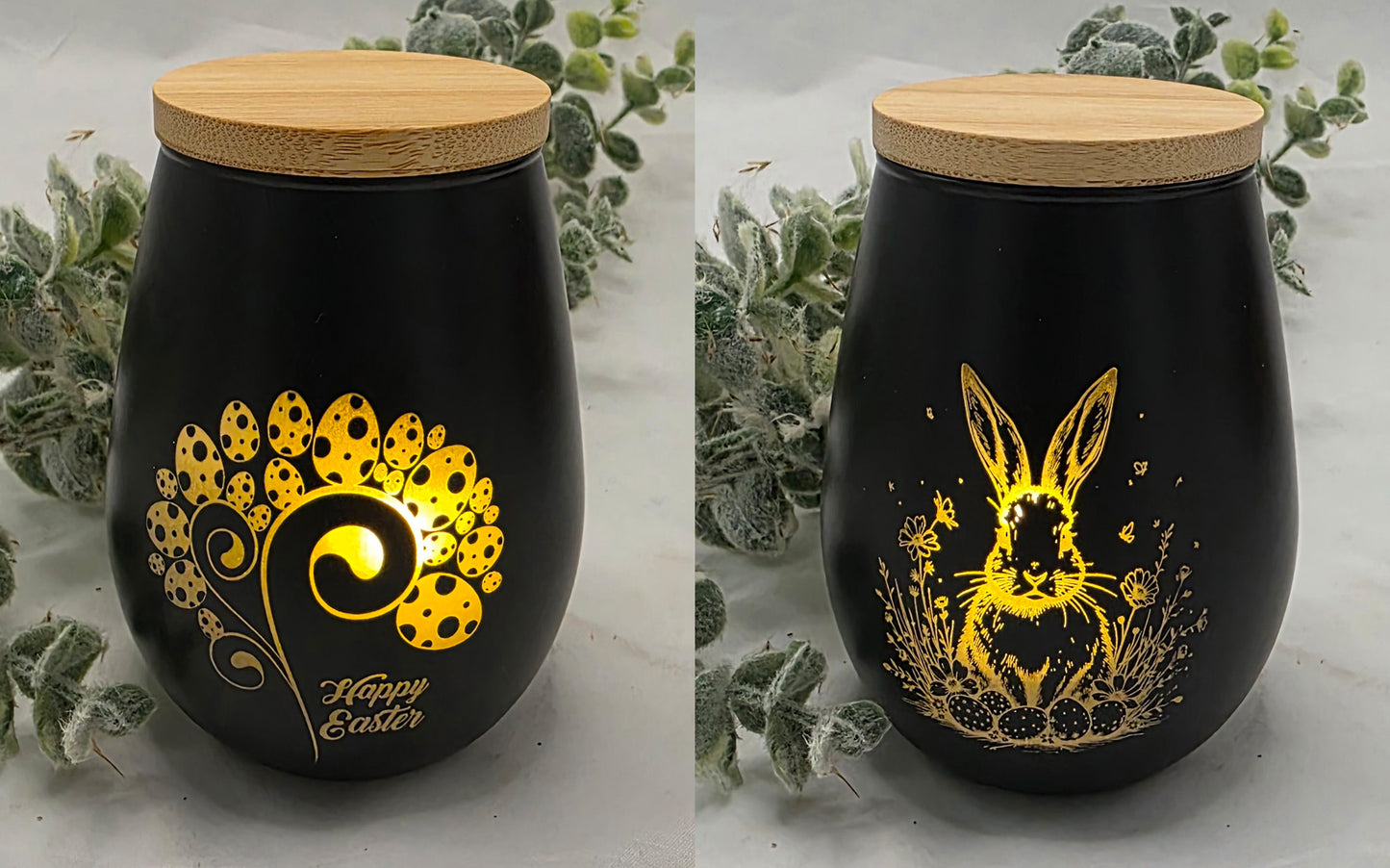 Schwarze bauchige Teelichtgläser, graviert mit Ostern,- und Frühlingsmotiven
