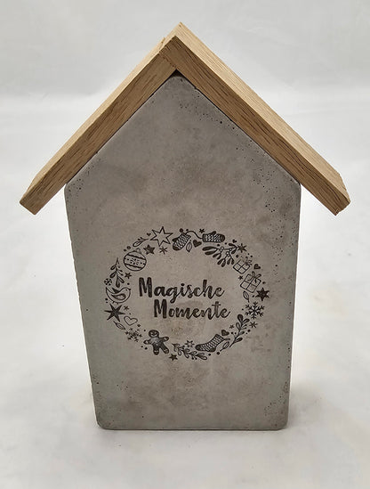 Häuser aus Beton, Winter / Weihnachten mit Holzklötzchen als Dach, gestempelt