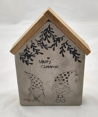 Häuser aus Beton, Winter / Weihnachten mit Holzklötzchen als Dach, gestempelt