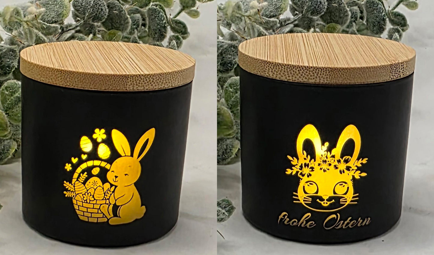 Schwarze kleine Teelichtgläser, graviert mit Ostern,- und Frühlingsmotiven