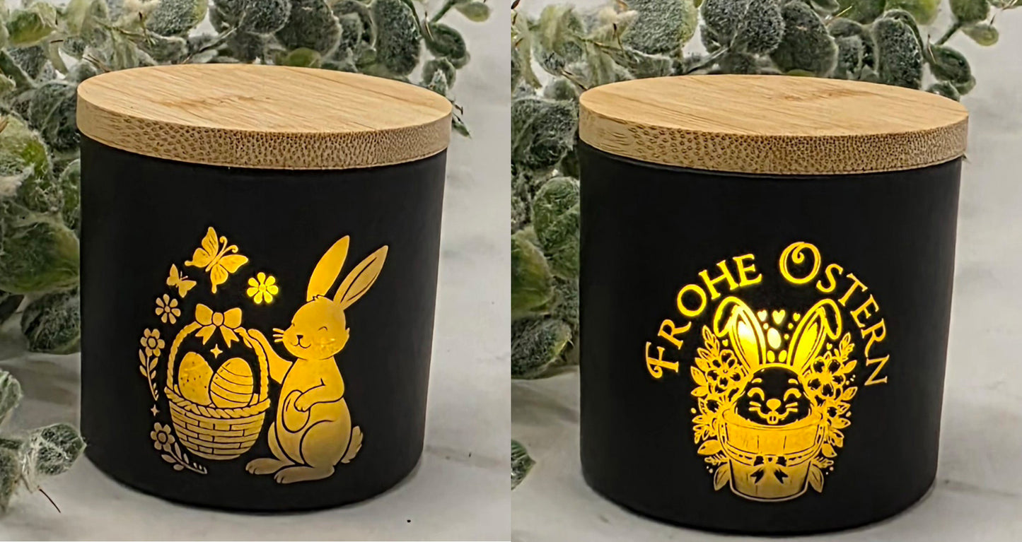 Schwarze kleine Teelichtgläser, graviert mit Ostern,- und Frühlingsmotiven