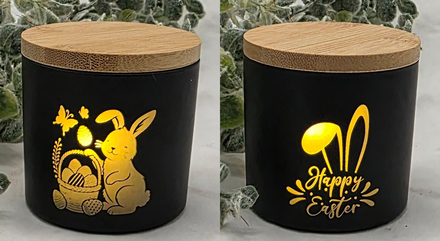 Schwarze kleine Teelichtgläser, graviert mit Ostern,- und Frühlingsmotiven