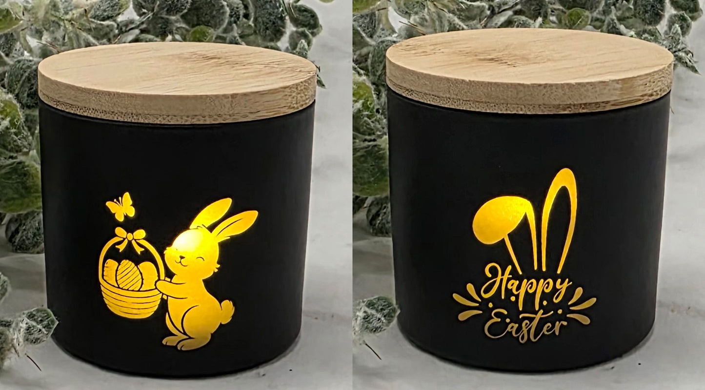 Schwarze kleine Teelichtgläser, graviert mit Ostern,- und Frühlingsmotiven