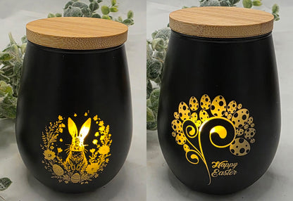 Schwarze bauchige Teelichtgläser, graviert mit Ostern,- und Frühlingsmotiven