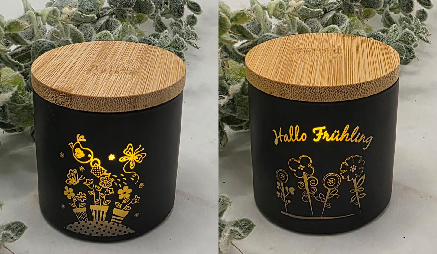 Schwarze kleine Teelichtgläser, graviert mit Ostern,- und Frühlingsmotiven