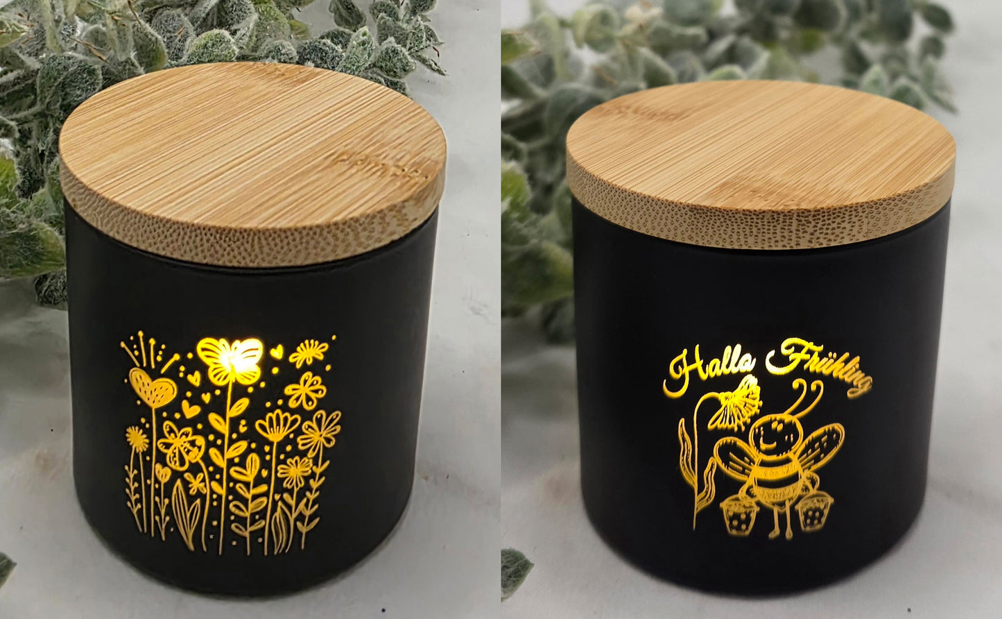 Schwarze kleine Teelichtgläser, graviert mit Ostern,- und Frühlingsmotiven