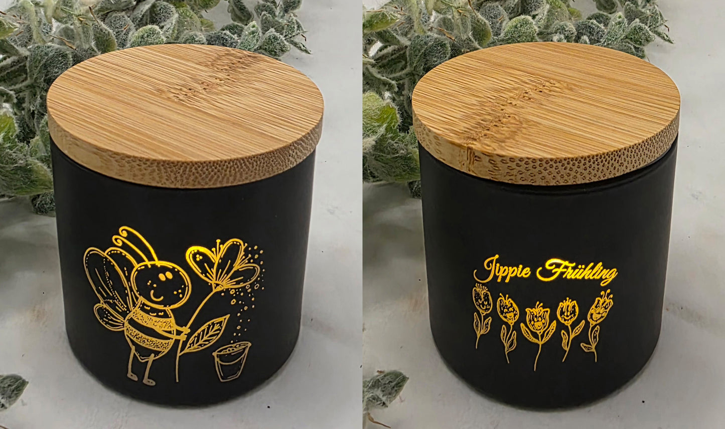 Schwarze kleine Teelichtgläser, graviert mit Ostern,- und Frühlingsmotiven