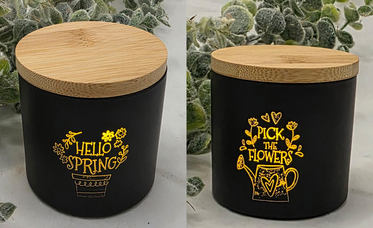 Schwarze kleine Teelichtgläser, graviert mit Ostern,- und Frühlingsmotiven