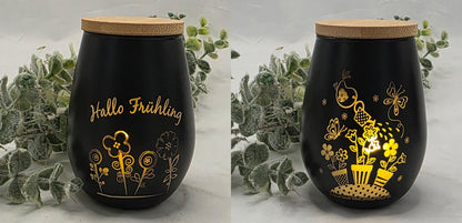 Schwarze bauchige Teelichtgläser, graviert mit Ostern,- und Frühlingsmotiven