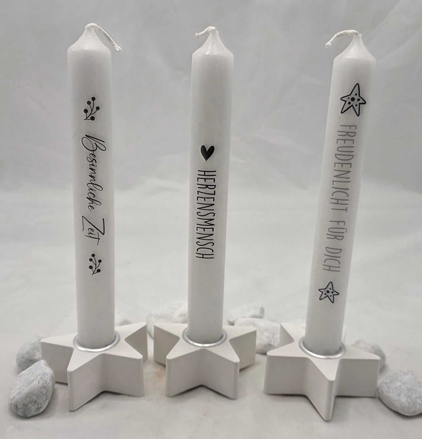 Stabkerzenhalter mit Stabkerze, Halter in Wolloptik oder Sternform