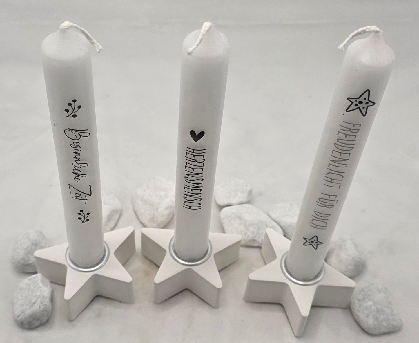 Stabkerzenhalter mit Stabkerze, Halter in Wolloptik oder Sternform