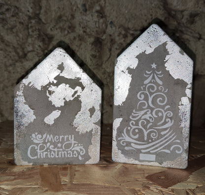 Betonhäuser "Merry Christmas", 2 Stück im Set, mit Silber und Weiß