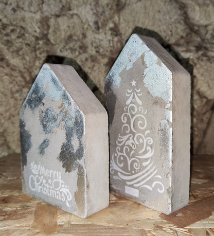Betonhäuser "Merry Christmas", 2 Stück im Set, mit Silber und Weiß