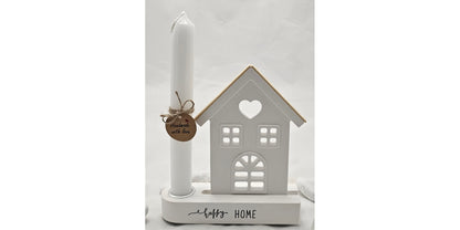 Geschenk Set "happy HOME", aus Raysin gegossen im Aufsteller mit Kerzenhalter.