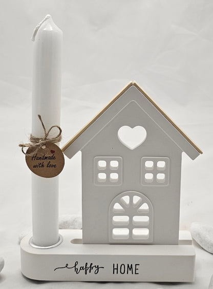Geschenk Set "happy HOME", aus Raysin gegossen im Aufsteller mit Kerzenhalter.