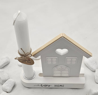 Geschenk Set "happy HOME", aus Raysin gegossen im Aufsteller mit Kerzenhalter.